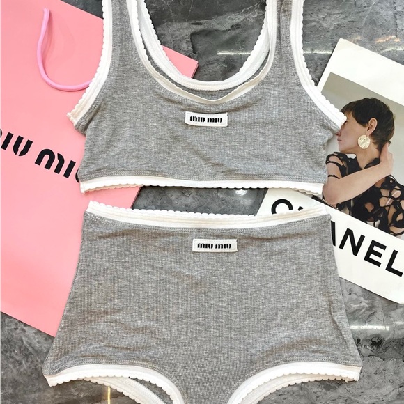 Miu Miu Gray Ribbed Crop Bralette & High-Waist Brief Set with White Trim